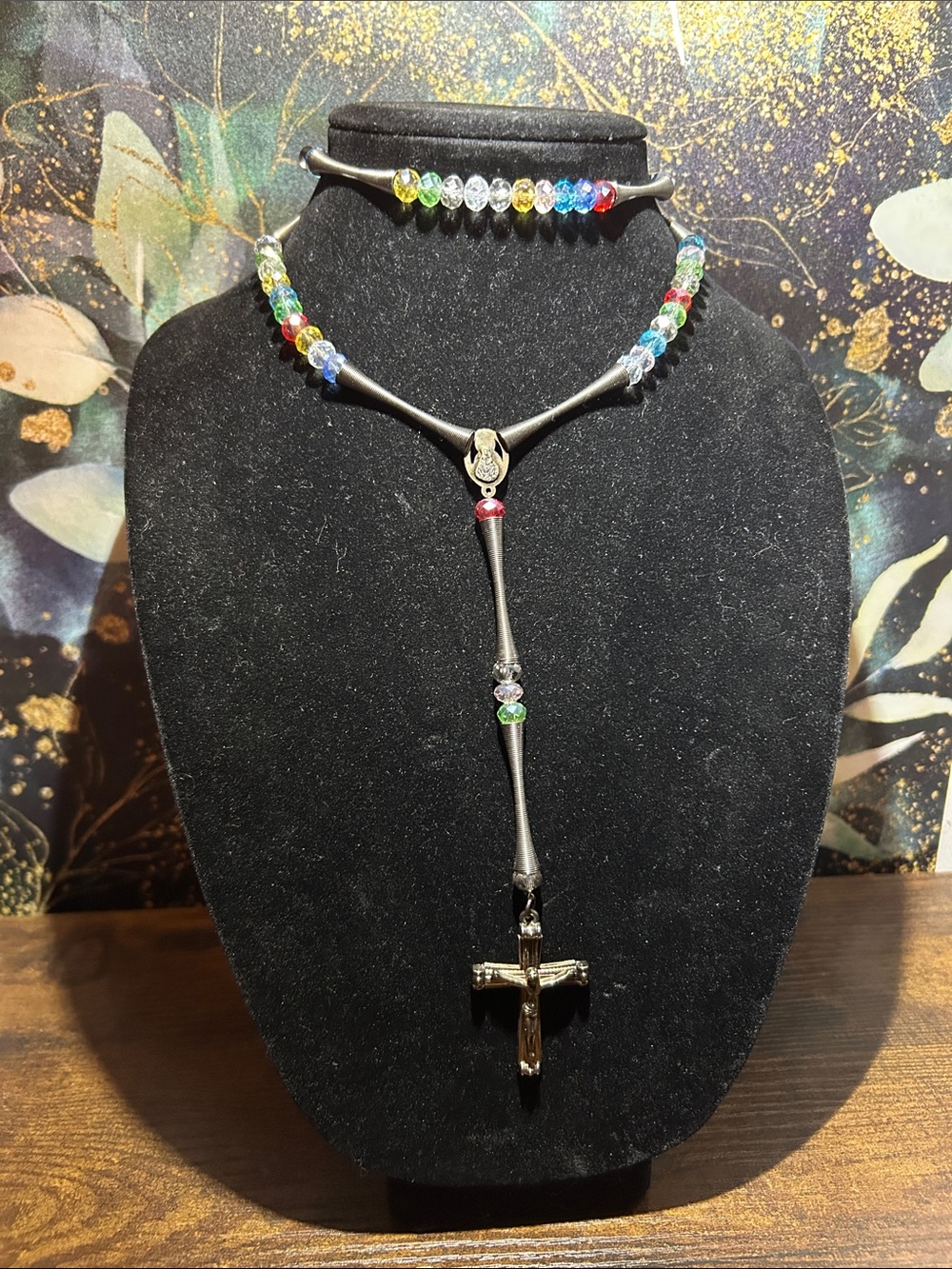 Multicolor Beaded Rosary-Style Necklace with Silver-Tone Cross